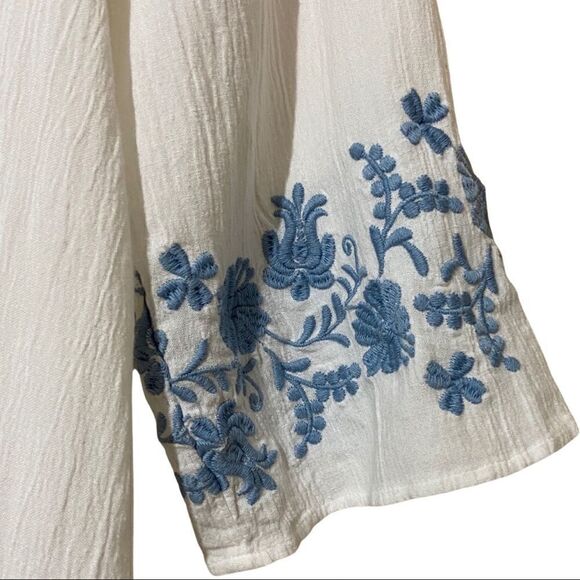 J. Jill White w/ Blue Floral Embroidery Crinkle Boho Tunic - Picture 4 of 7
